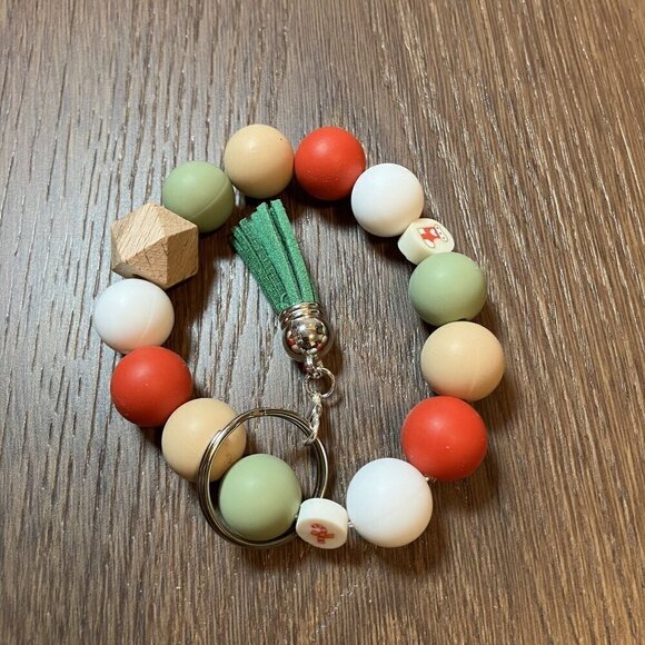 Handmade New Green/White/Tan/Red Holiday-Christmas Silicone Bead Wristlet Keycha - Picture 4 of 5